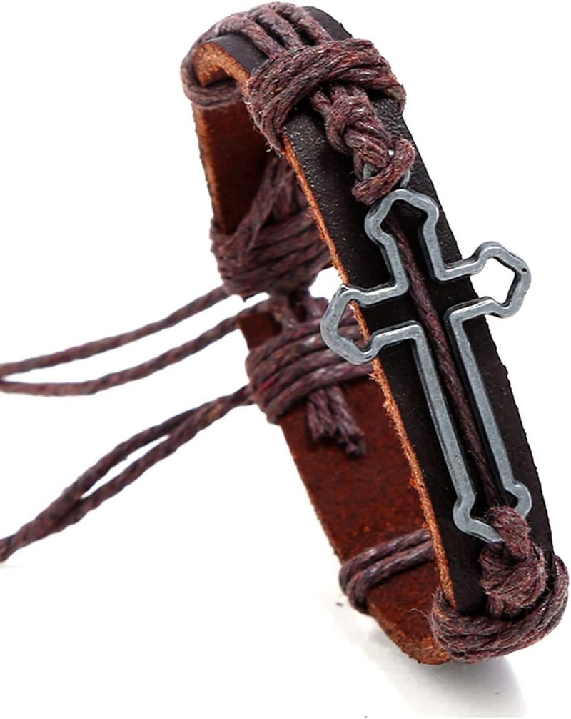 Fusamk Fashion Cross Tag Bangle Adjustable Leather Cuff Wristband Drawstring Rope Bracelet - Image 1